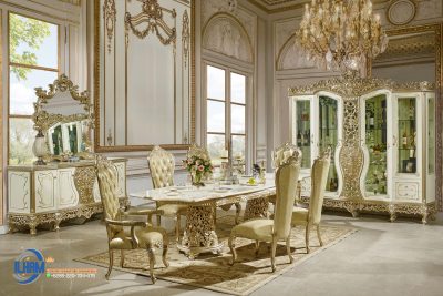 meja makan mewah ukiran, dining set sultan, meja makan gold klasik, set meja makan kayu mahoni, meja makan ukiran klasik, meja makan eropa gold leaf, dining set mewah terbaru, ruang makan klasik elegan, furniture klasik mewah, meja makan eksklusif,Dining Set Meja Makan Ukiran Mewah Gold Klasik Terbaru Untuk Ruang Makan Sultan