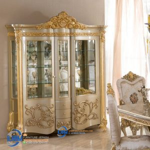 Lemari Hias Interior Ruang Meja Makan Mewah Gold Rumah Klasik Jepara