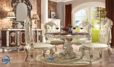 meja makan 6 dudukan, meja makan elegan, meja makan gold, meja makan jepara, meja makan kayu jati, meja makan king gold, meja makan klasik, meja makan mewah 4 dudukan, meja makan mewah bundar, Jual Meja Makan Ukir Mewah Eropa Style 4 Kursi