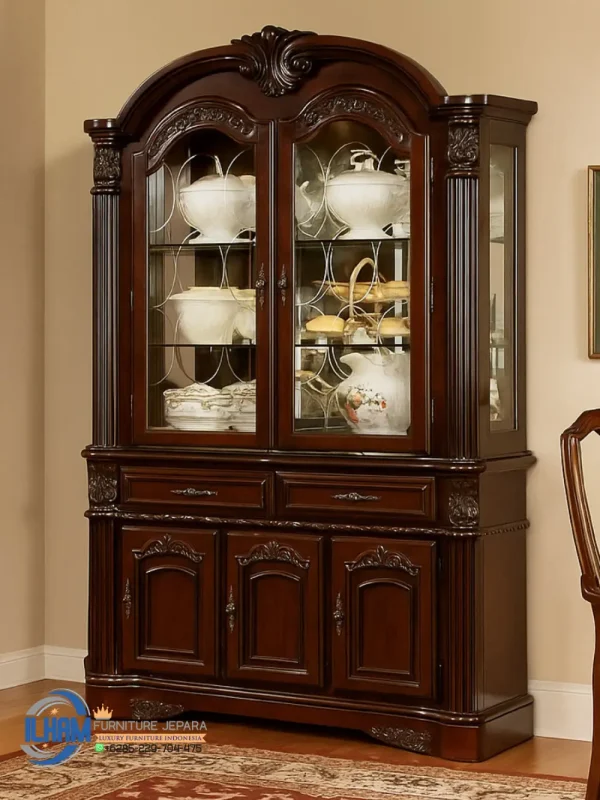 Lemari Kaca Hias Pajangan Jati Klasik Ukir Jepara
