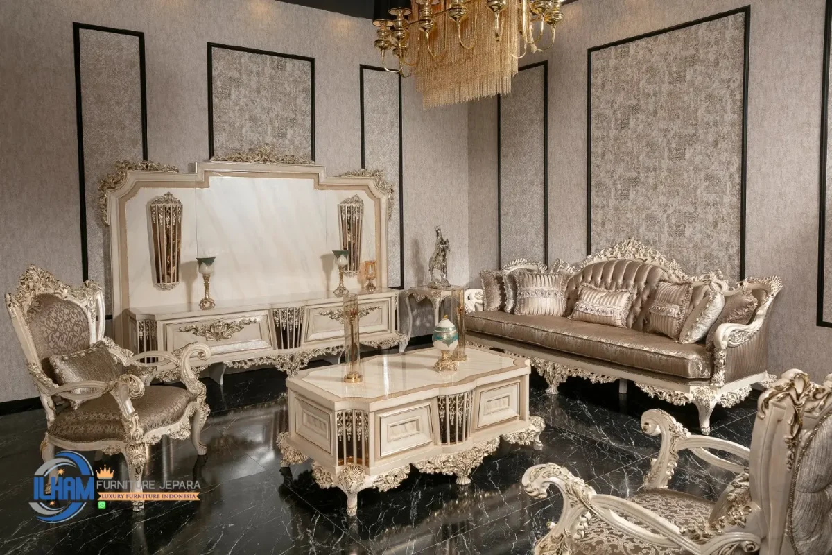 Sofa Tamu Jepara Mewah Klasik Ukir Gold Champagne