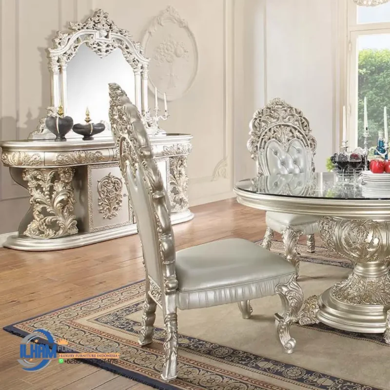 Meja Kursi Makan Klasik Eropa Bundar Ukiran Mewah 3D
