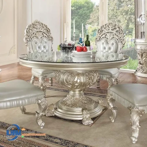 Meja Makan Klasik Eropa Bundar Ukiran Mewah 3D