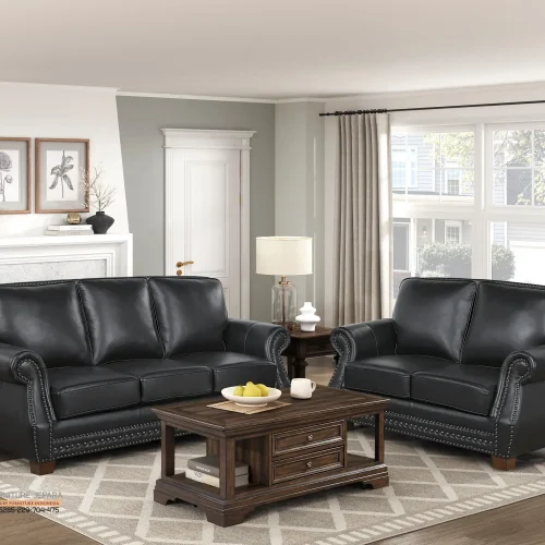 Sofa Tamu Kulit Asli Black Leather Mewah Jepara