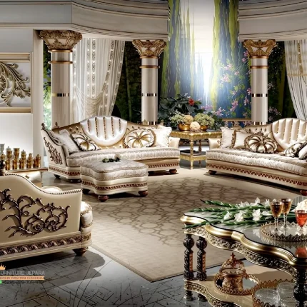 Elegant Sofa Ruang Tamu Mewah Gold Leaf Carvings