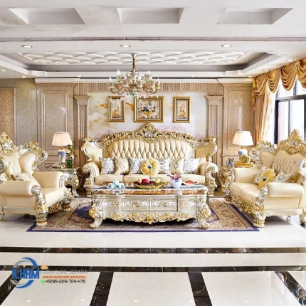 Handcarfed Sofa Tamu Gold Mewah Gaya Eropa Klasik Elegan