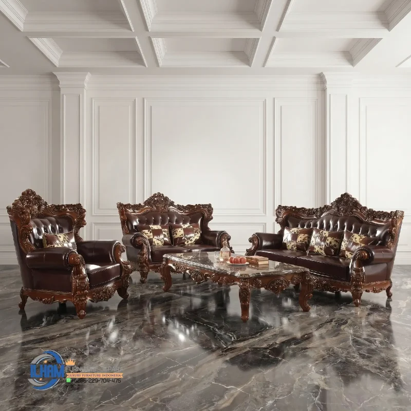 Set Sofa Tamu Jati Ukir Jaguar Original Leather
