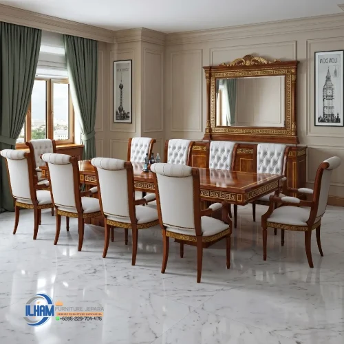 Dining Set Meja Makan 10 Kursi Jati Klasik Mewah Greco