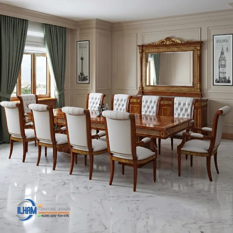 Dining Set Meja Makan 10 Kursi Jati Klasik Mewah Greco