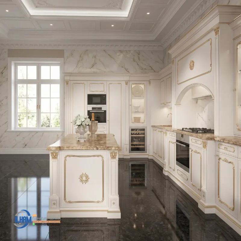 Lemari Kitchen Set Mewah Gold Leaf Klasik Kombinasi Kemewahan dan Fungsionalitas Dapur