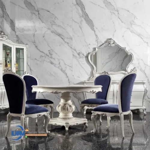 Meja Makan Bundar 4 Kursi Mewah Bludru Aesthetic