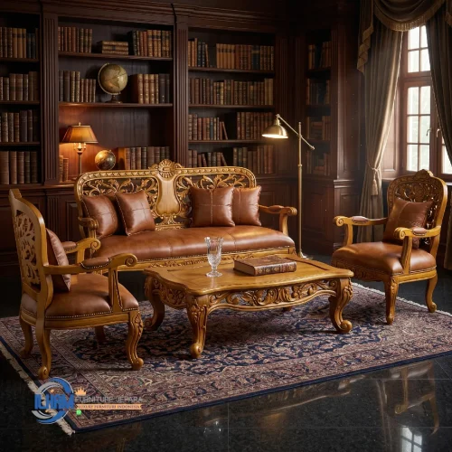 Set Sofa Tamu Jati Klasik Jok Kulit Asli