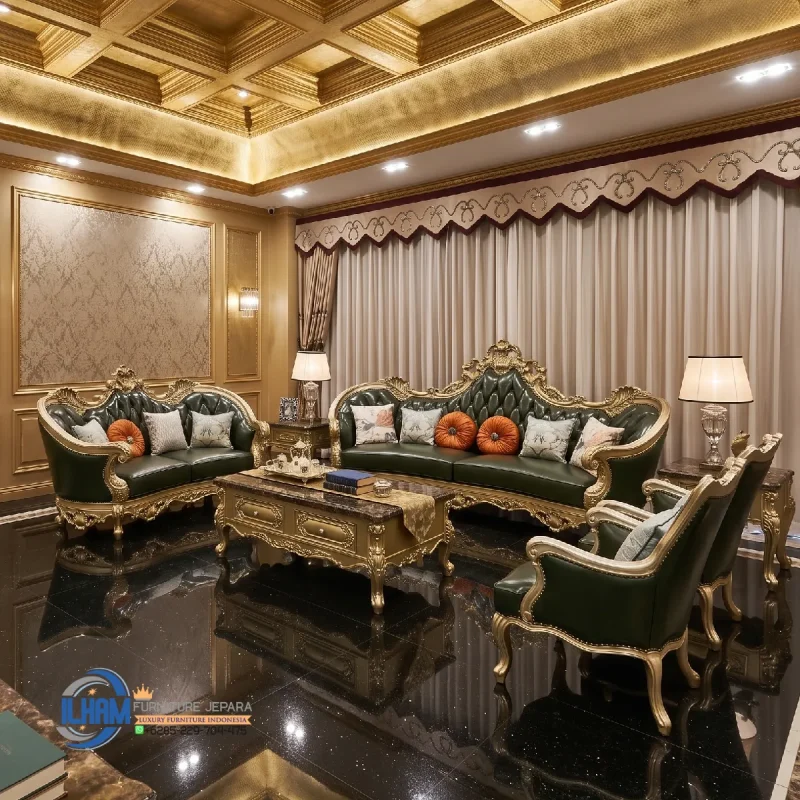 Set Sofa Tamu Kulit Klasik Gaya Rumah Eropa