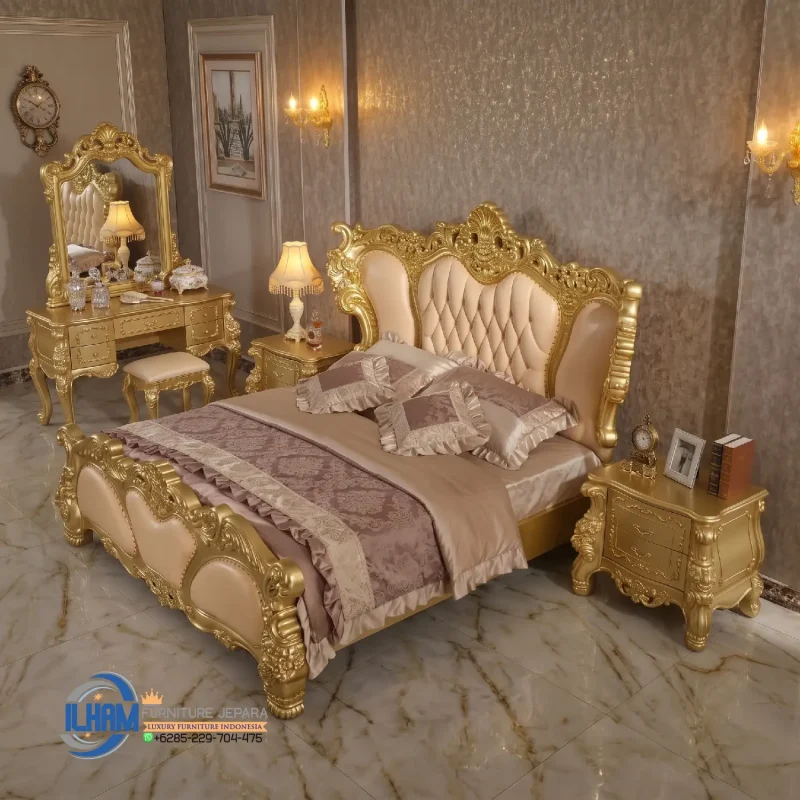 Set Tempat Tidur Sandaran Kulit Ukiran Klasik Jepara