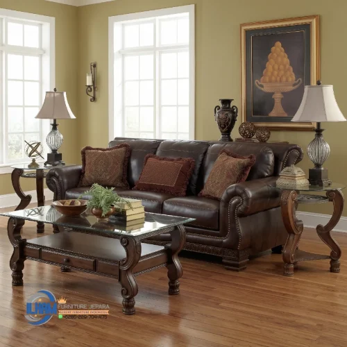 Sofa Jati Kulit Asli Mewah Minimalis