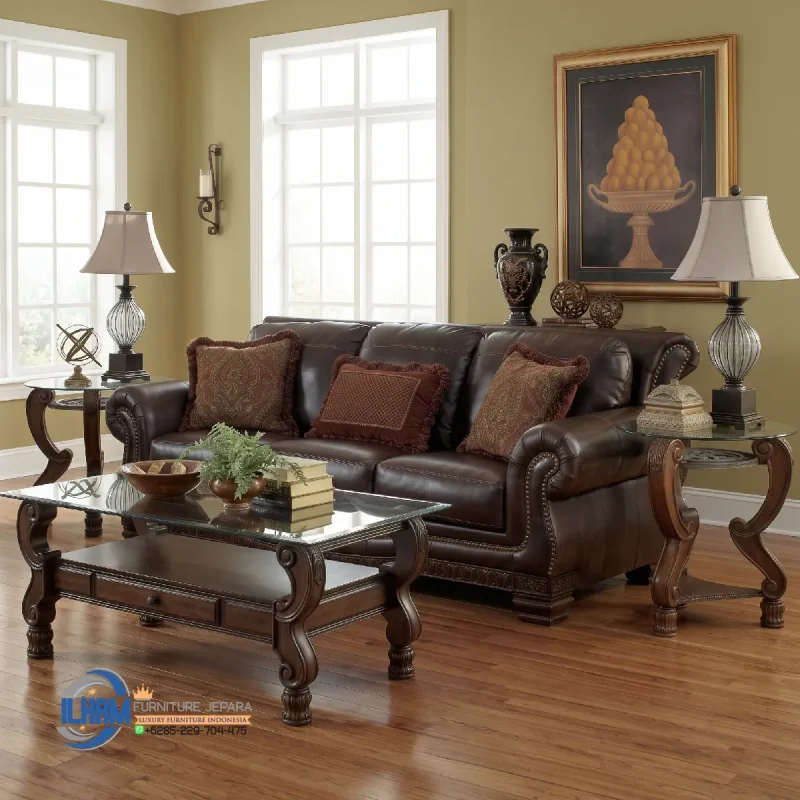 Sofa Jati Kulit Asli Mewah Minimalis