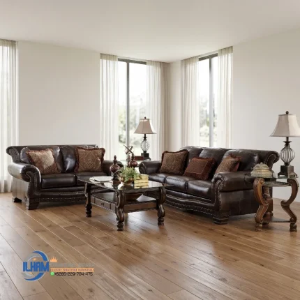 Sofa Tamu Jati Kulit Asli Mewah Minimalis