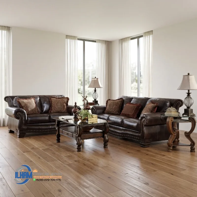 Sofa Tamu Jati Kulit Asli Mewah Minimalis