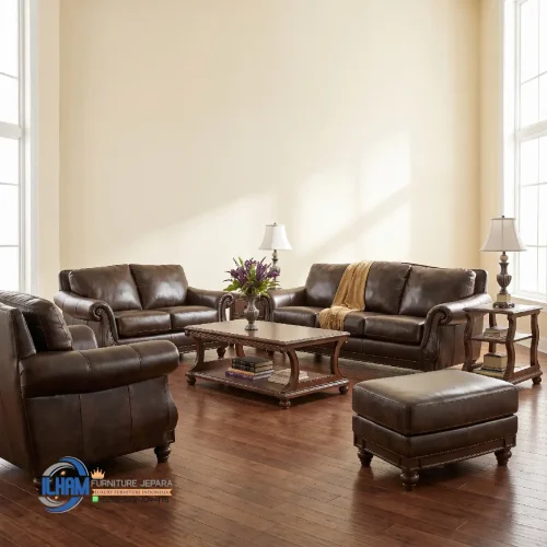 Sofa Tamu Kulit Asli Jati Klasik Minimalis