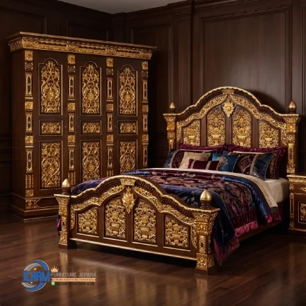 Tempat Tidur Ukiran Mewah Jati Klasik Jepara Lemari Pakaian 3 Pintu