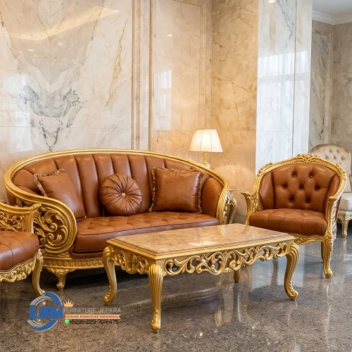 Original Leather Sofa Tamu Gold Klasik Jepara