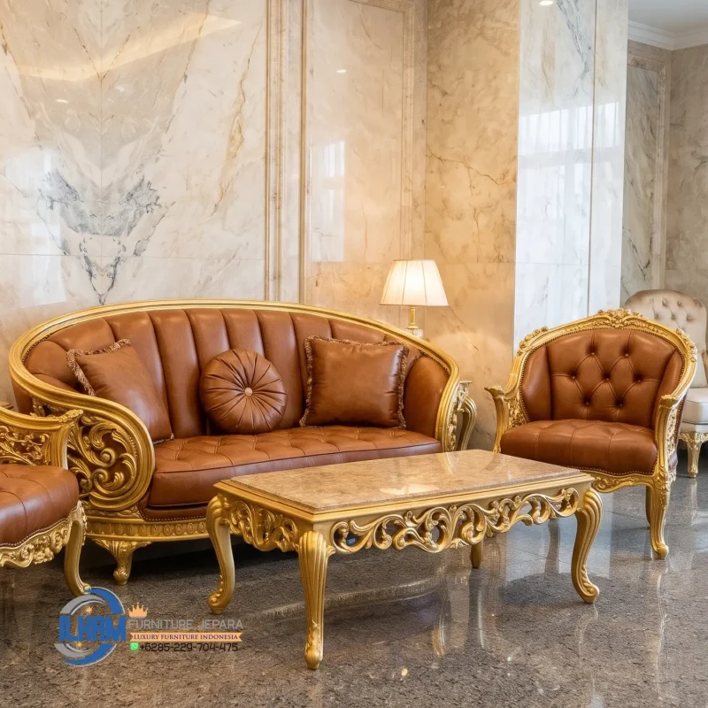 Original Leather Sofa Tamu Gold Klasik Jepara